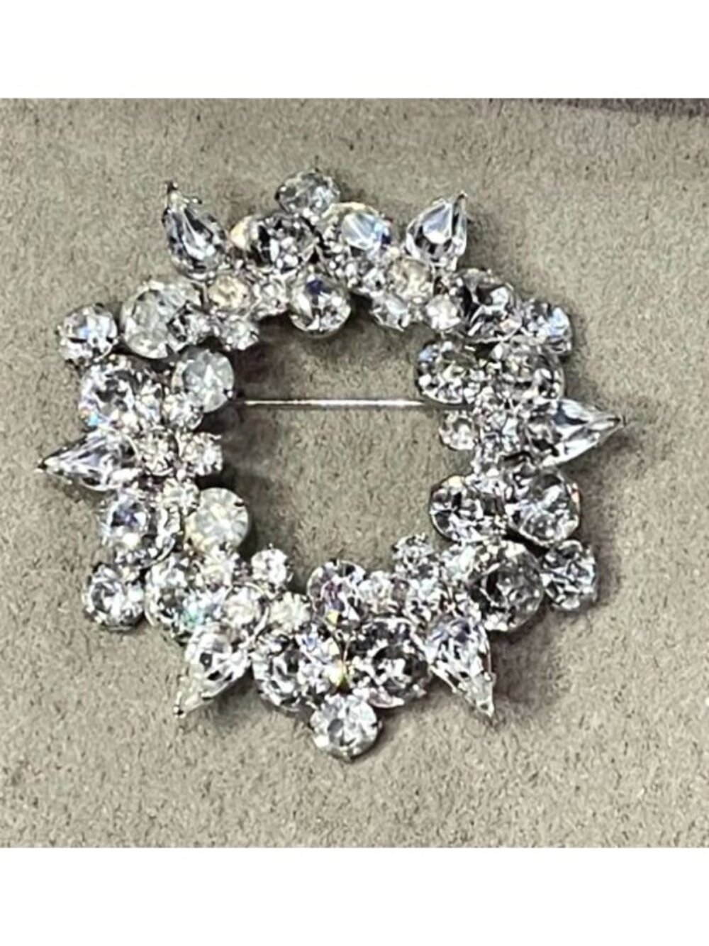Vtg 1950s Silver Clear Rhinestone Wreath Brooch Cluster Navette Crystal Pin